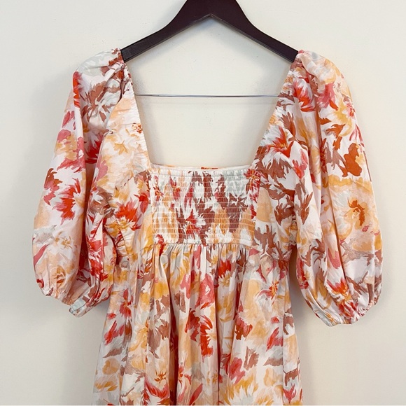 Abercrombie & Fitch Puff Sleeve Mini Dress Orange/Red Watercolor Floral Size XS - Picture 7 of 10